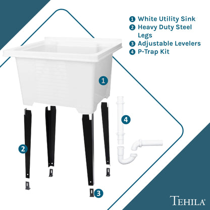Tehila Luxe Freestanding White Utility Sink with Drainage Kit, No Supply Lines, No Strainer Basket