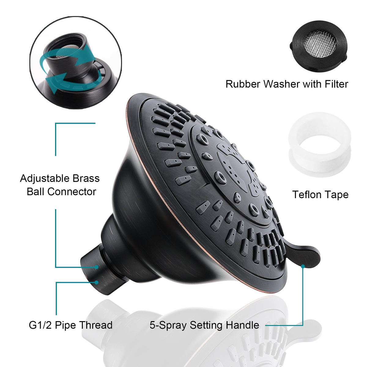 9-Spray Rain Shower Head-Angle Adjustable Fixed Shower Head