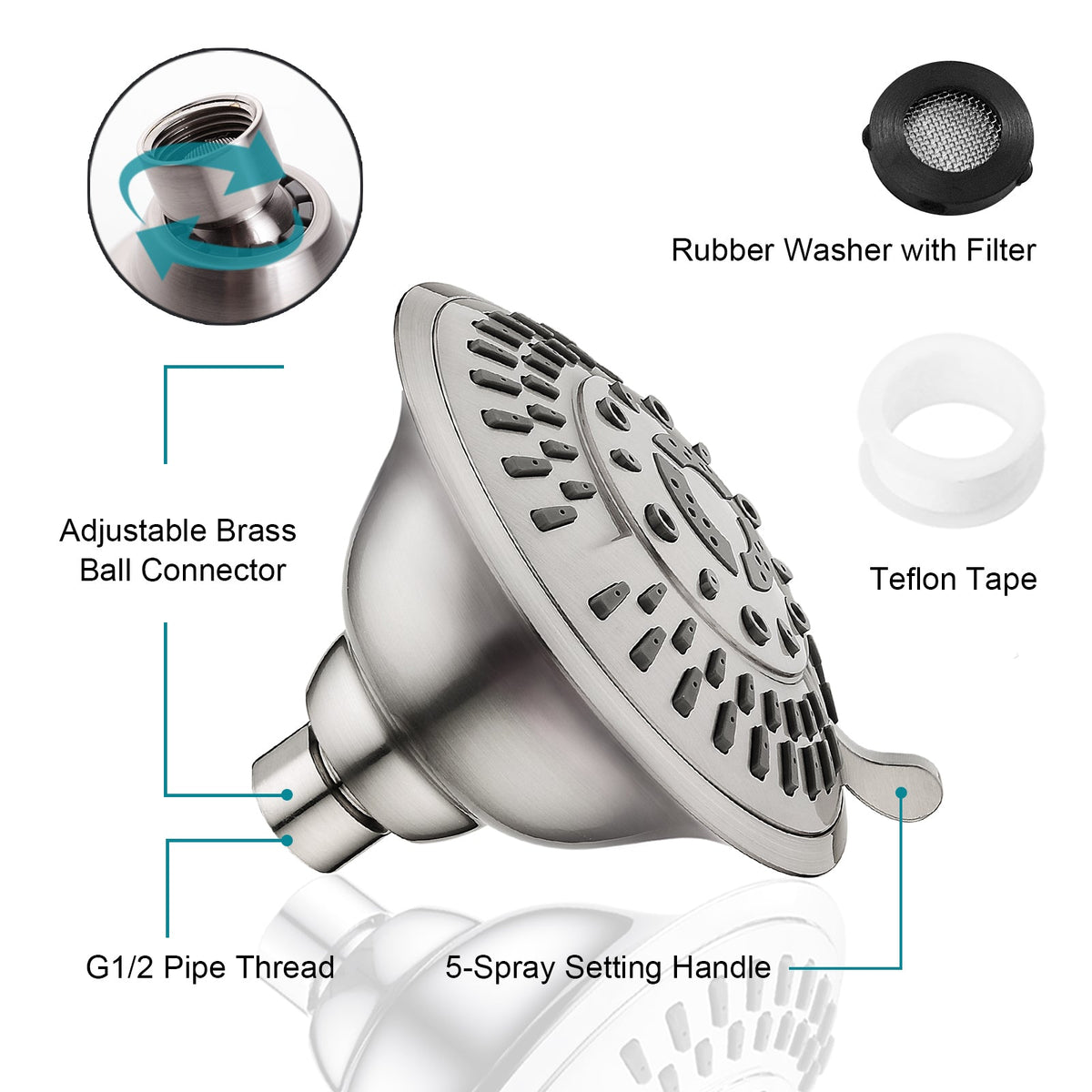 9-Spray Rain Shower Head-Angle Adjustable Fixed Shower Head