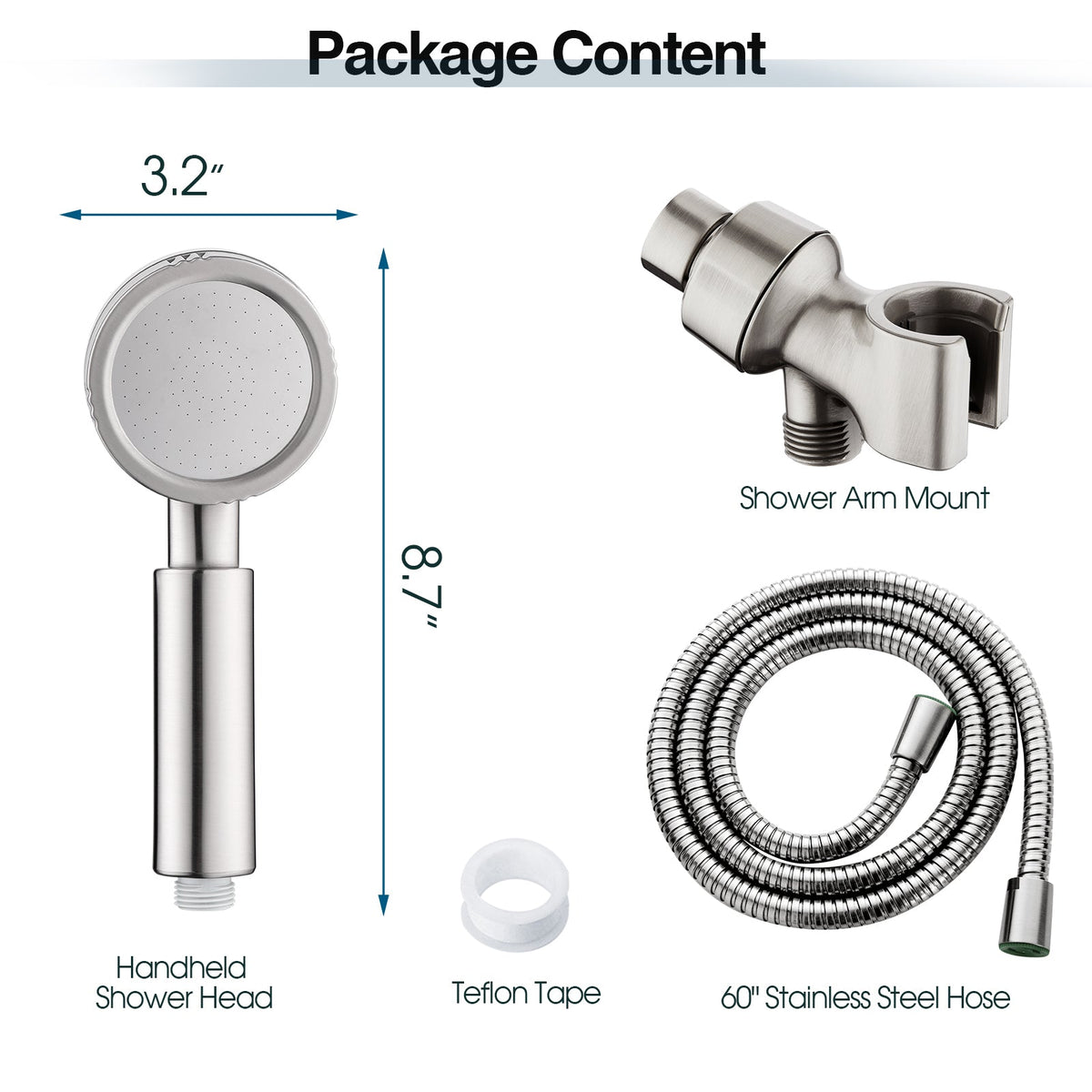 High Pressure Handheld Shower Head Kit, Handheld Shower with 60 Inch Hose and Bracket