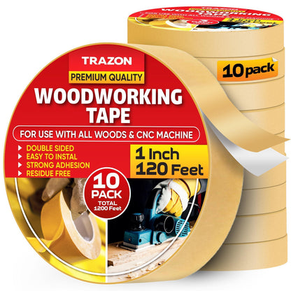 Double Sided Woodworking Tape 10 Pack 1 Inch x 120 Ft Wood Crafter Sticky Tool Two Side Adhesive for Router Templates Removable & Residue Free