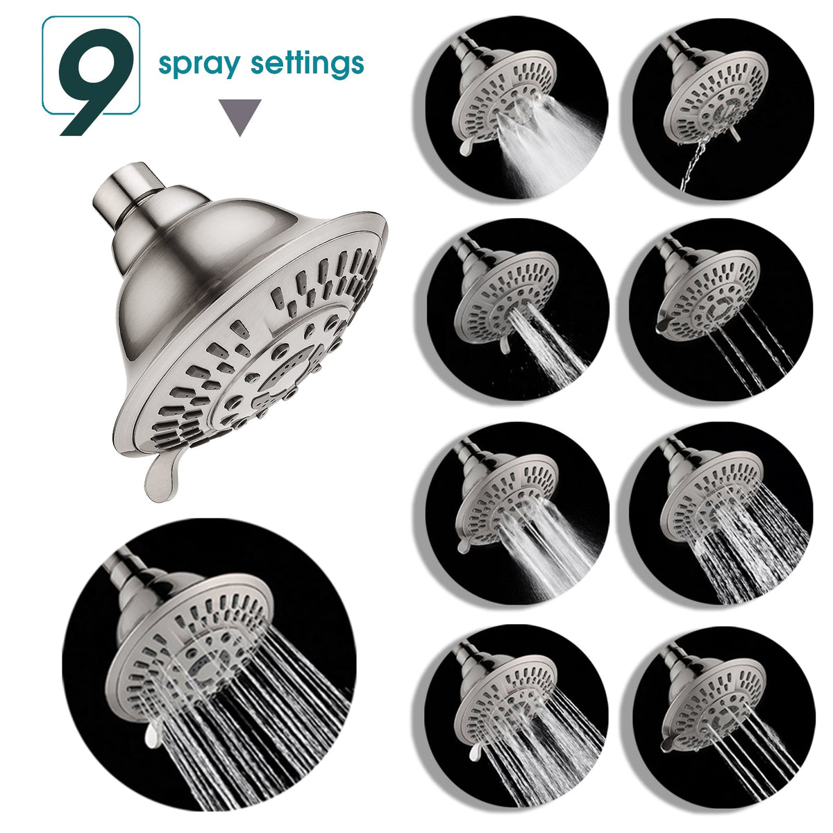 9-Spray Rain Shower Head-Angle Adjustable Fixed Shower Head