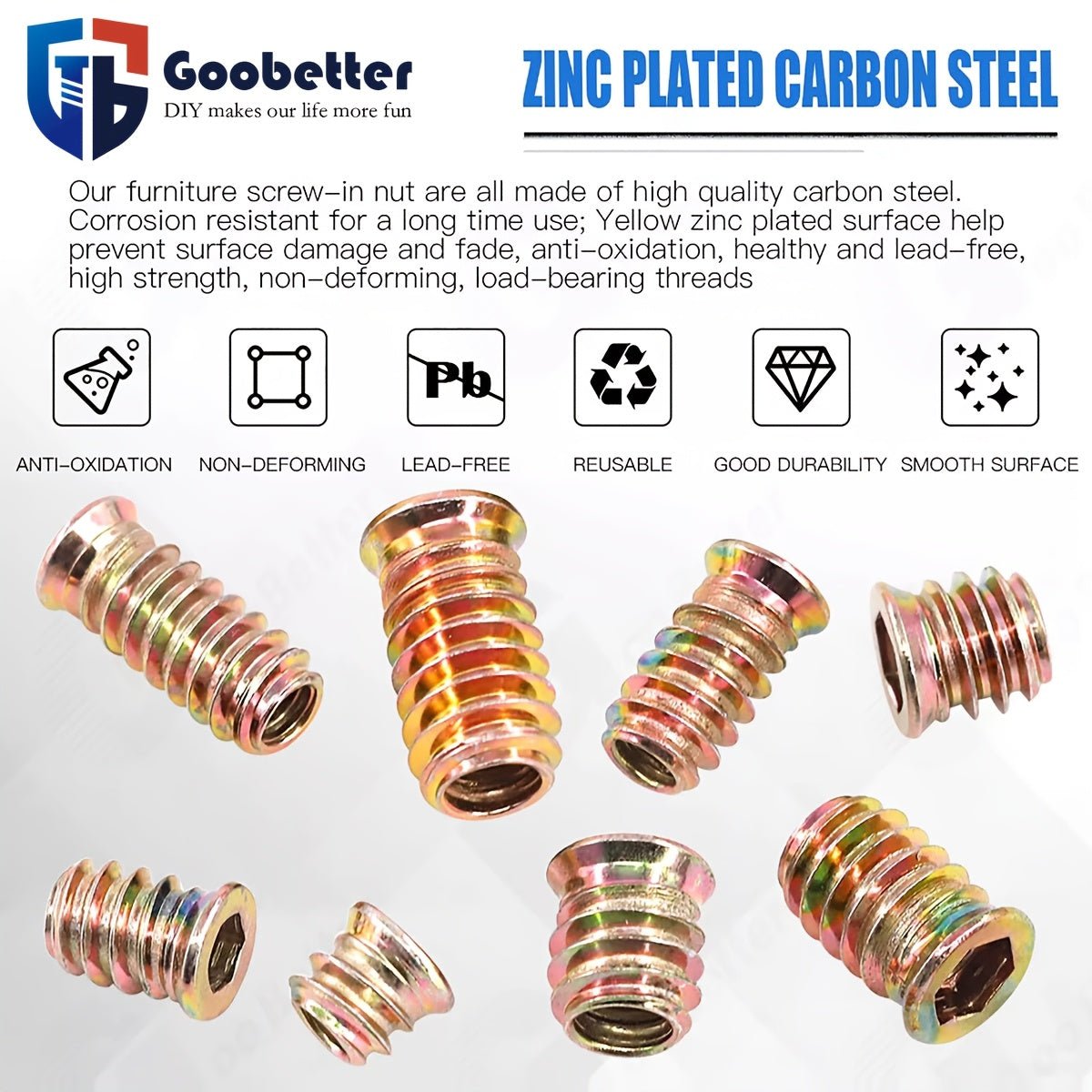 162Pcs Threaded Wood Inserts Kit - Carbon Steel Zinc Plated Furniture Nuts