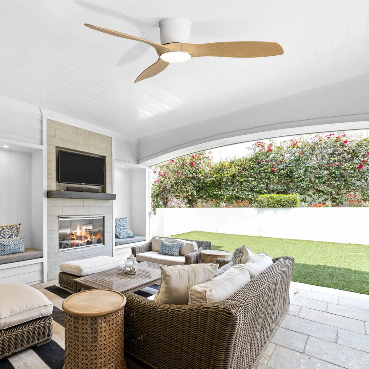 Flush Mount Ceiling Fan With Dimmable LED Light, 3 Blades, Reversible DC Motor Blades For Living Room
