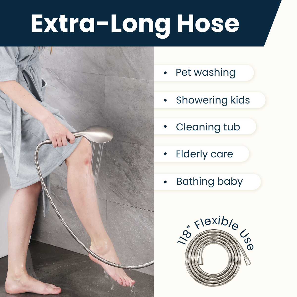 118-Inch Extra Long Stainless Steel Handheld Shower Hose with 360° Swivel