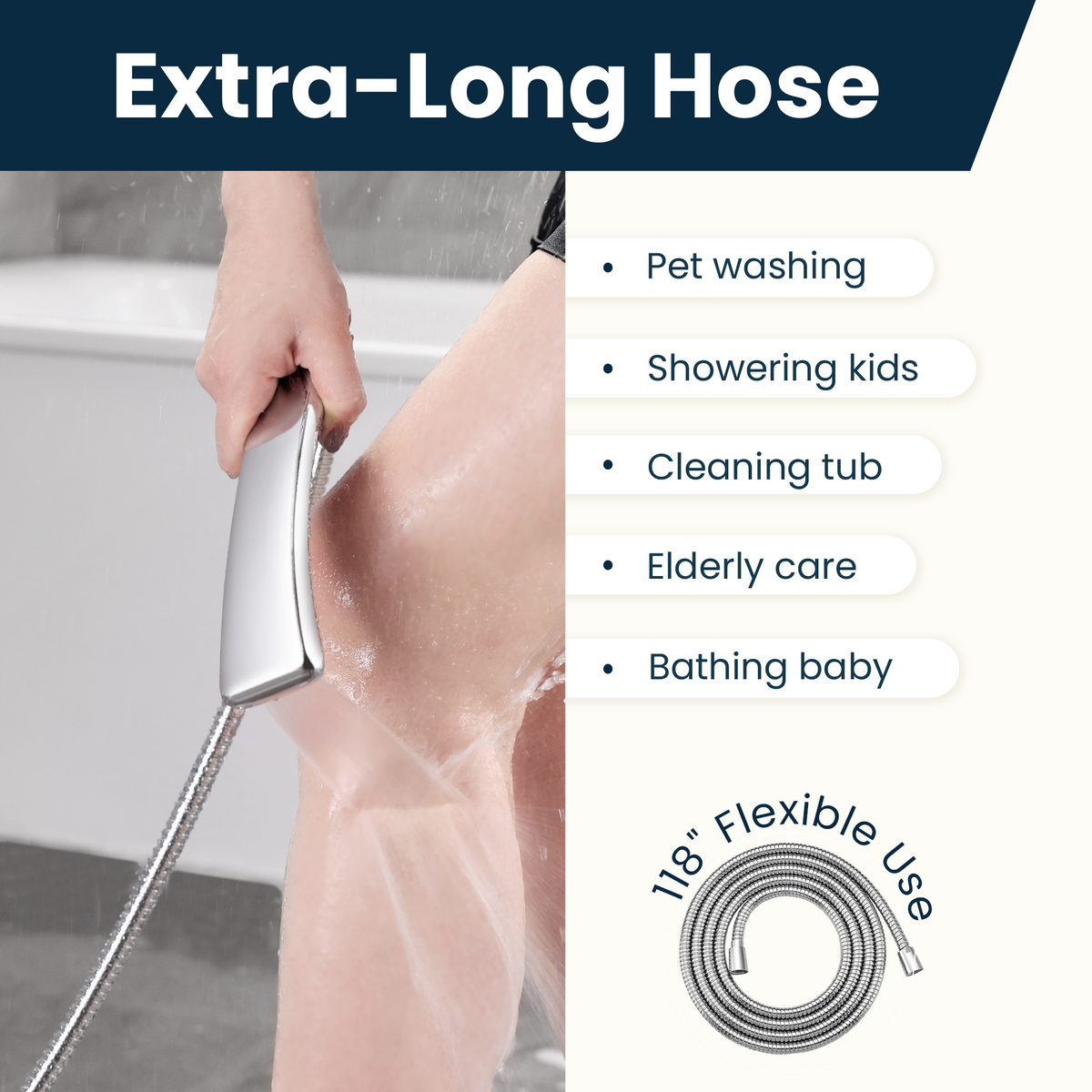 118-Inch Extra Long Stainless Steel Handheld Shower Hose with 360° Swivel