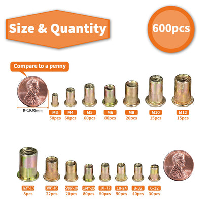 600-Piece Colored Zinc Rivet Nut Set – Metric & Imperial