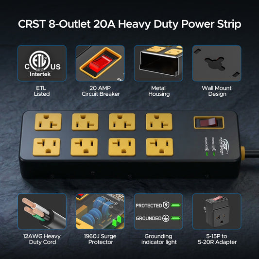 ETL Listed 20A Heavy Duty Metal Power Strip – 8-Outlet, 1960J Surge Protector, 12AWG 6FT Cord