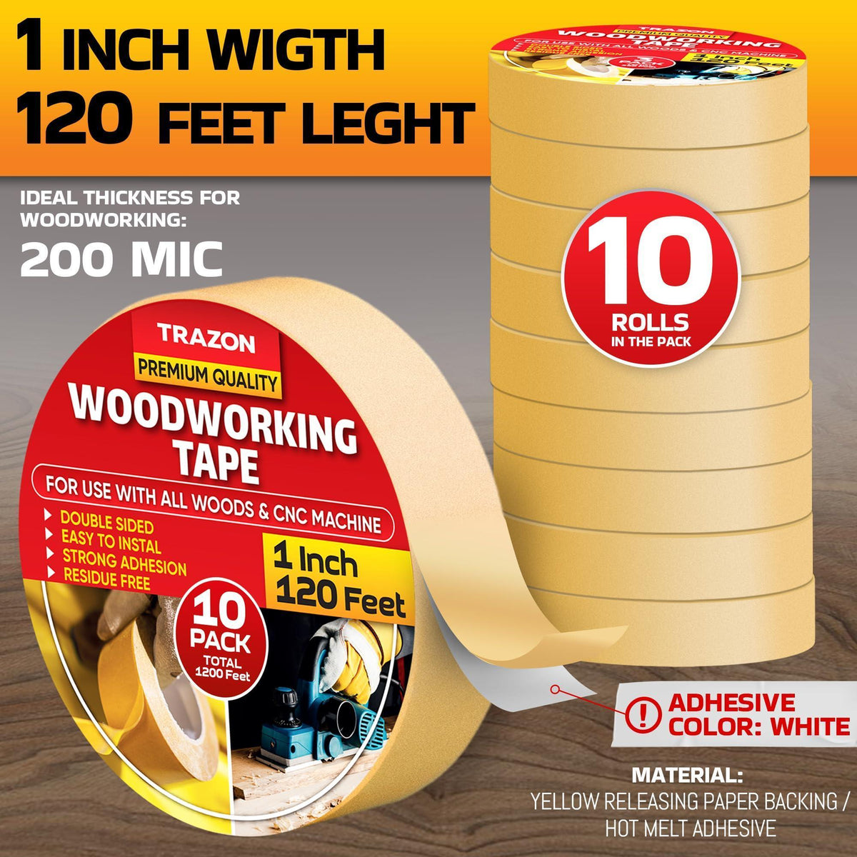 Double Sided Woodworking Tape 10 Pack 1 Inch x 120 Ft Wood Crafter Sticky Tool Two Side Adhesive for Router Templates Removable & Residue Free