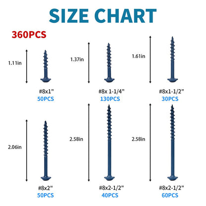 360 Pcs Blue Square Drive Self Tapping Coarse Thread Wood Screws Assortment Set