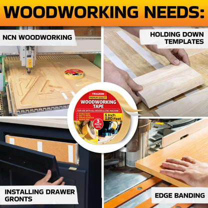 Double Sided Woodworking Tape 3 Pack 1 Inch x 120 Ft Wood Crafter Sticky Tool Two Side Adhesive for Router Templates Removable & Residue Free