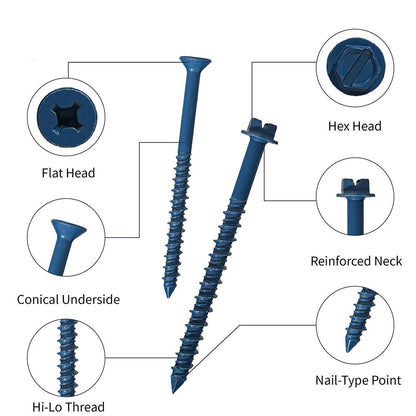 230Pcs Phillips Flat & Hex Washer Head Concrete Screws 1/4" & 3/16" Blue with Drill Bit
