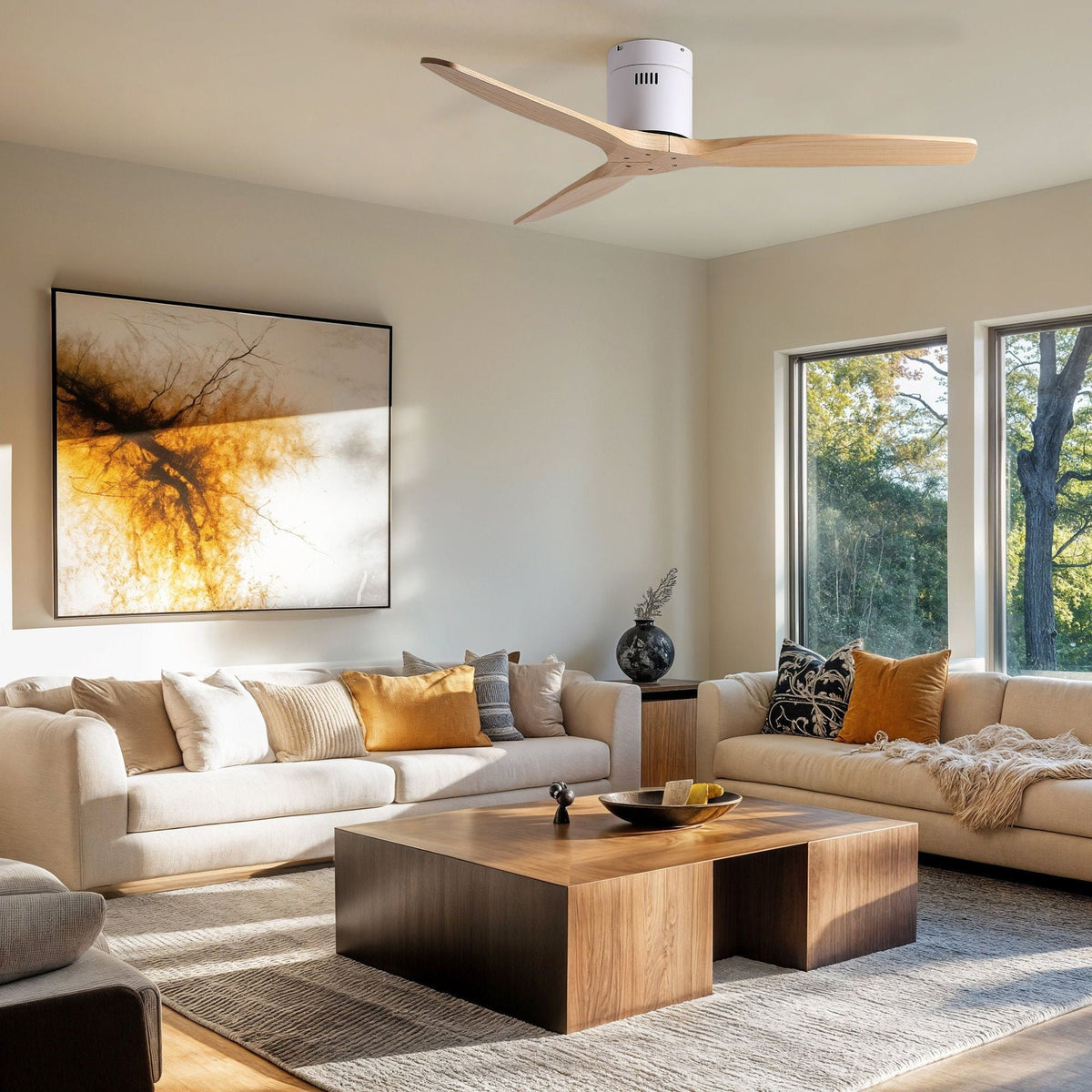Low Profile Flush Ceiling Fan Without Light - Matte White / White