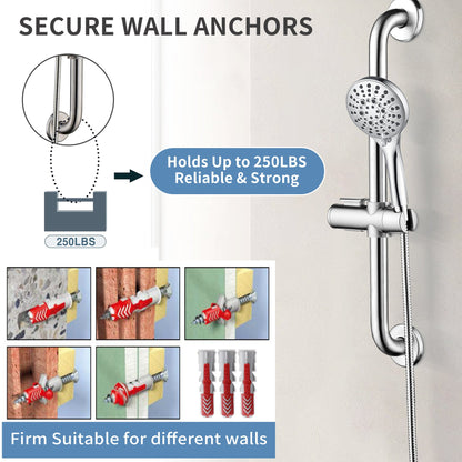 Stainless Steel Slide Bar Grab Rail Set  Includes Handheld Shower Head and 69'' Hose