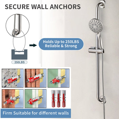 Stainless Steel Slide Bar Grab Rail Set  Includes Handheld Shower Head and 69'' Hose