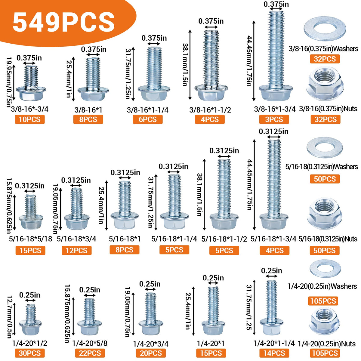 M6/M8/M10 Flange Bolt Kit (549PCS) | Hex Bolts, Nuts & Washers