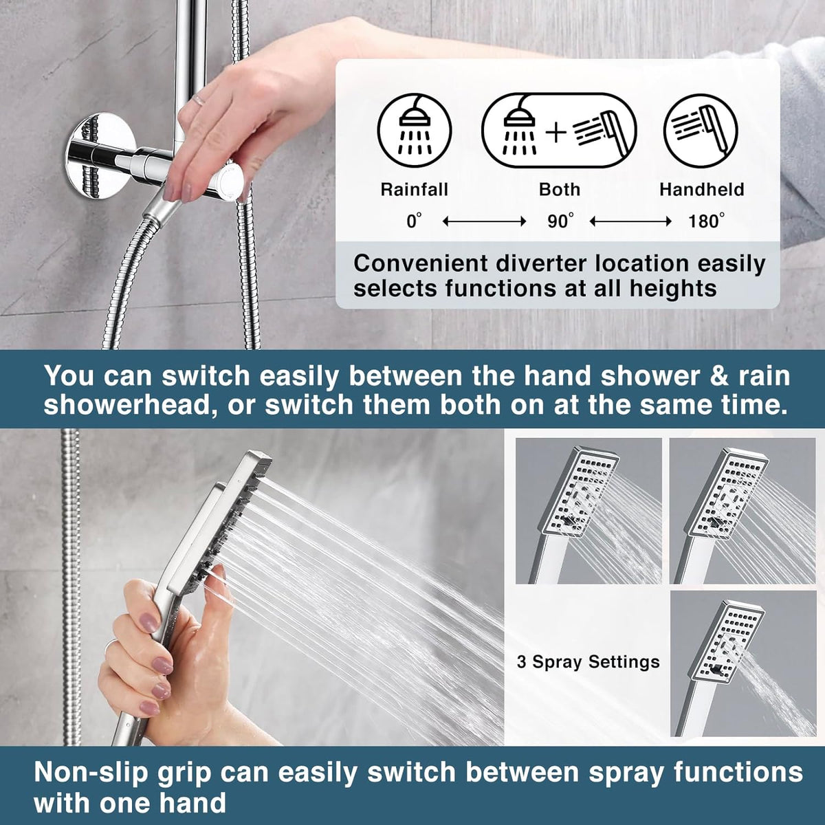 Rainfall Shower Head with Handheld Set-Solid Brass Slide Bar,Holder, Extension Arm and 60" Hose