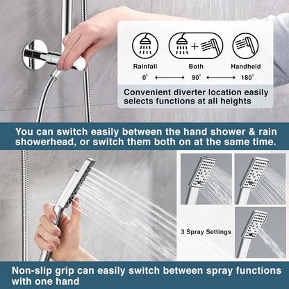 Rainfall Shower Head with Handheld Set-Solid Brass Slide Bar,Holder, Extension Arm and 60" Hose