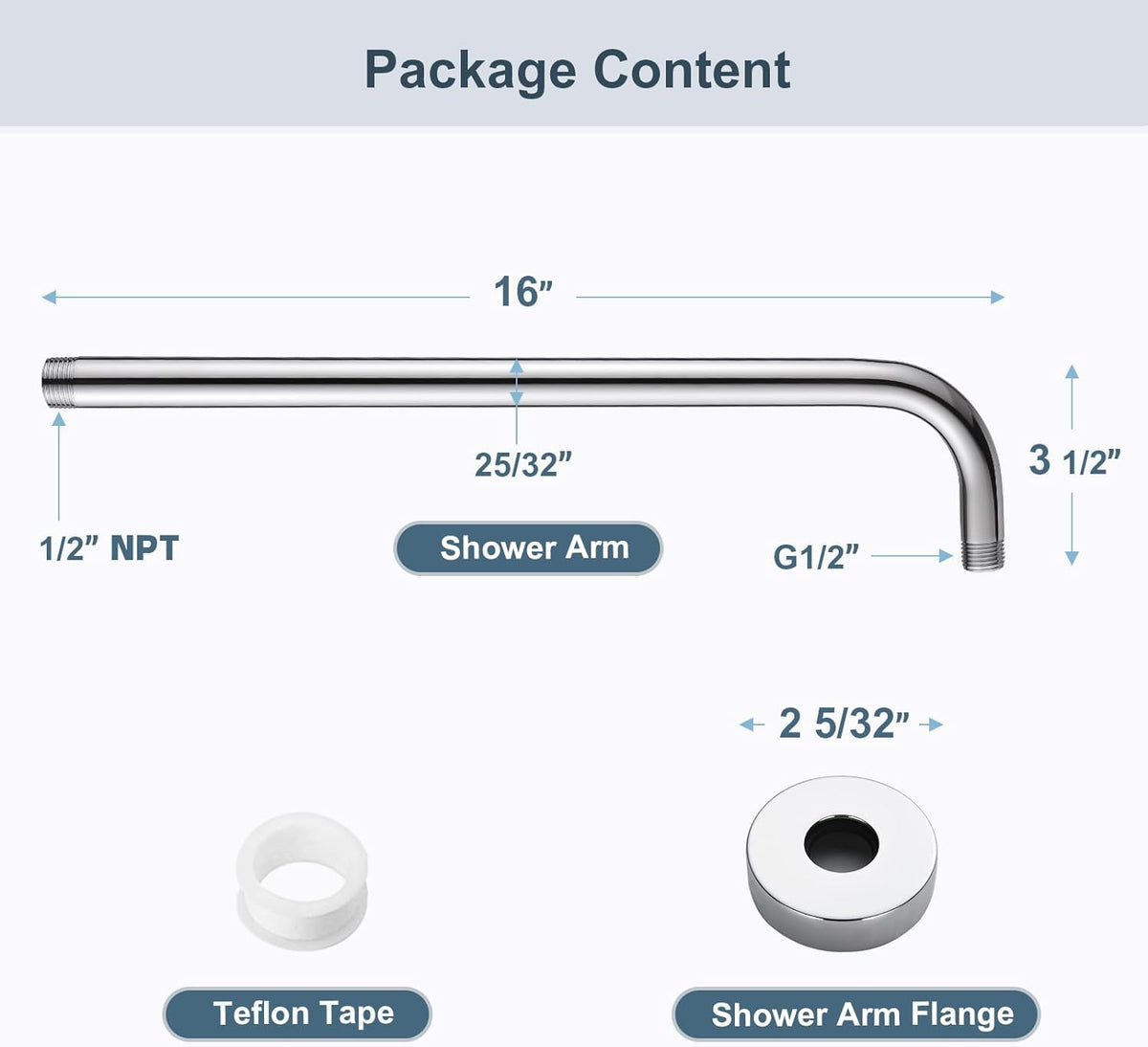 16 Inch L-Shaped Stainless Steel Shower Arm Extension for Rainfall Shower Heads