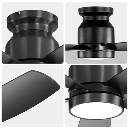 Flush Mount Ceiling Fan With 18W LED Light And Remote Control Blades - Black