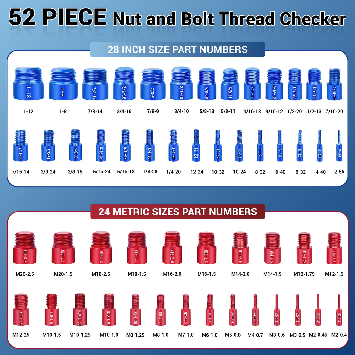 Nut and Bolt Thread Checker Standard and Metric, 44 Male/Female Bolt Size Finder Thread Gauge (23 Standard & 21 Metric), for Bolt and Nut Size Chart in Narrow Areas