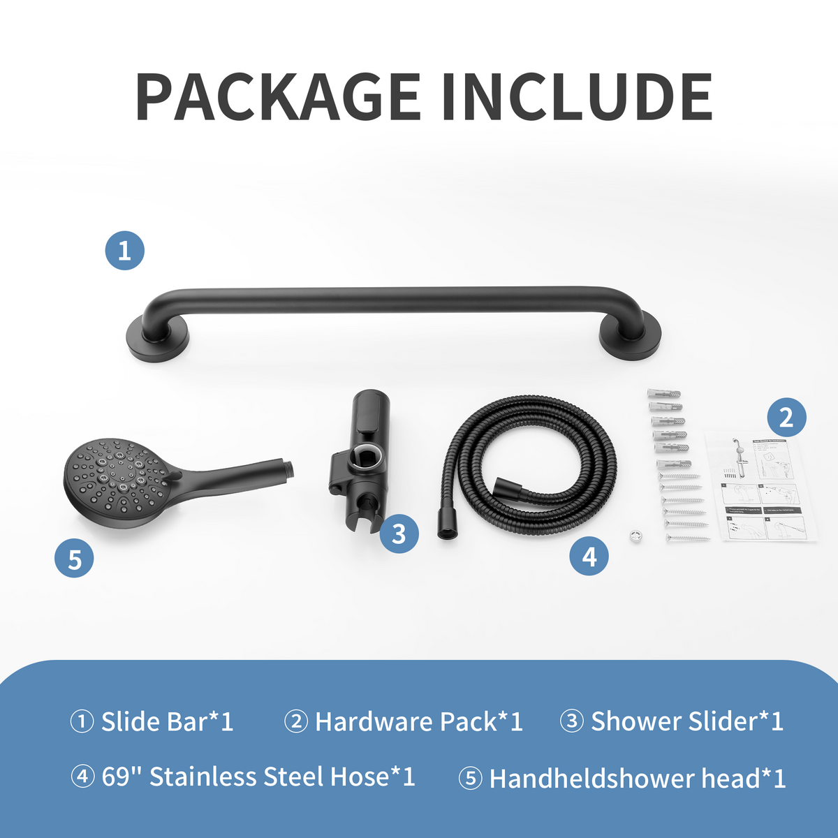 Stainless Steel Slide Bar Grab Rail Set  Includes Handheld Shower Head and 69'' Hose