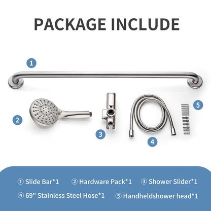 Stainless Steel Slide Bar Grab Rail Set  Includes Handheld Shower Head and 69'' Hose