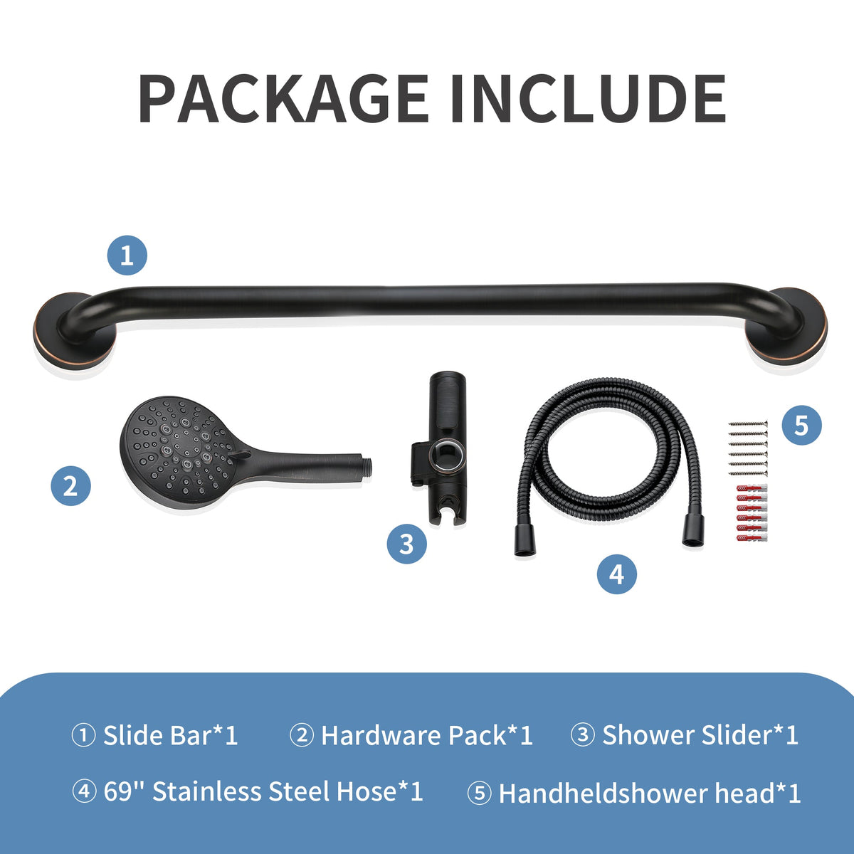 Stainless Steel Slide Bar Grab Rail Set  Includes Handheld Shower Head and 69'' Hose