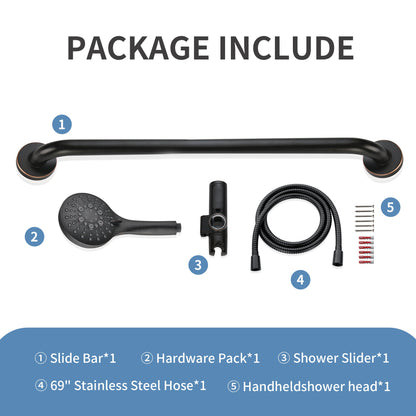 Stainless Steel Slide Bar Grab Rail Set  Includes Handheld Shower Head and 69'' Hose