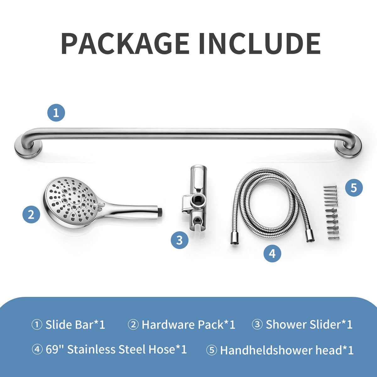 Stainless Steel Slide Bar Grab Rail Set  Includes Handheld Shower Head and 69'' Hose