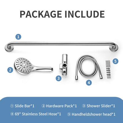 Stainless Steel Slide Bar Grab Rail Set  Includes Handheld Shower Head and 69'' Hose