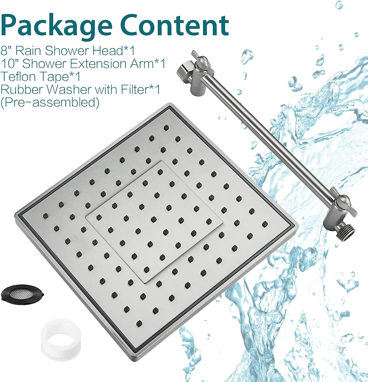 Bright Showers 8-Inch Square Rain Shower Head with 10-Inch Adjustable Extension Arm
