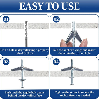 Toggle Bolts & Wing Nut Kit 50 Sets – 1/8", 3/16", 1/4" Drywall Anchors for Wall Mounting
