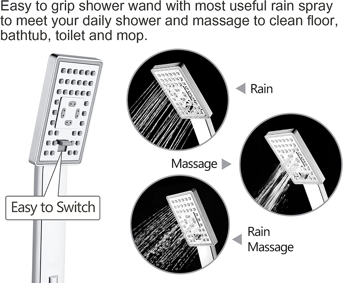 Square 3-Spray Handheld Shower Head Set with Hose and Shower Arm Mount Bracket