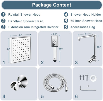 Dual Shower Head Combo with Extension Arm, 8 Inch Rainfall Shower Head with Handheld Shower head