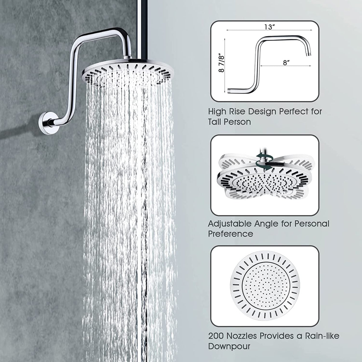 Dual Shower Head With High Rise Arm- Shower System with Valve and Trim Kit