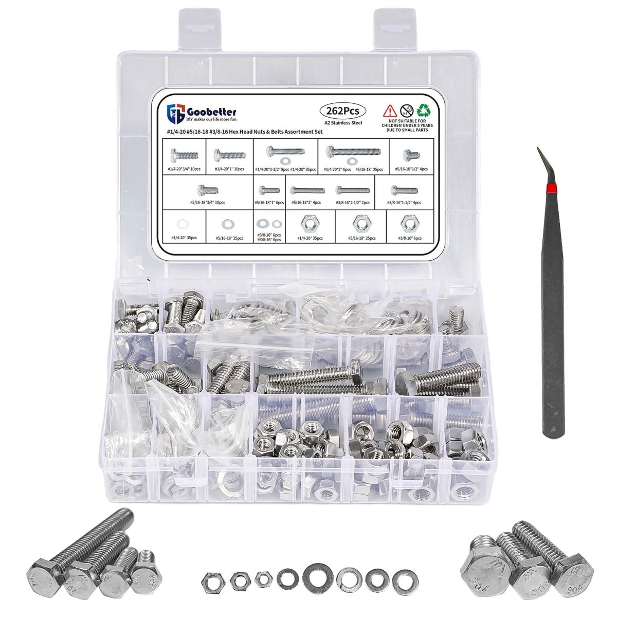 Stainless Steel Bolts and Nuts Assortment Kit 304 A2 Hex Head with Flat Lock Washers