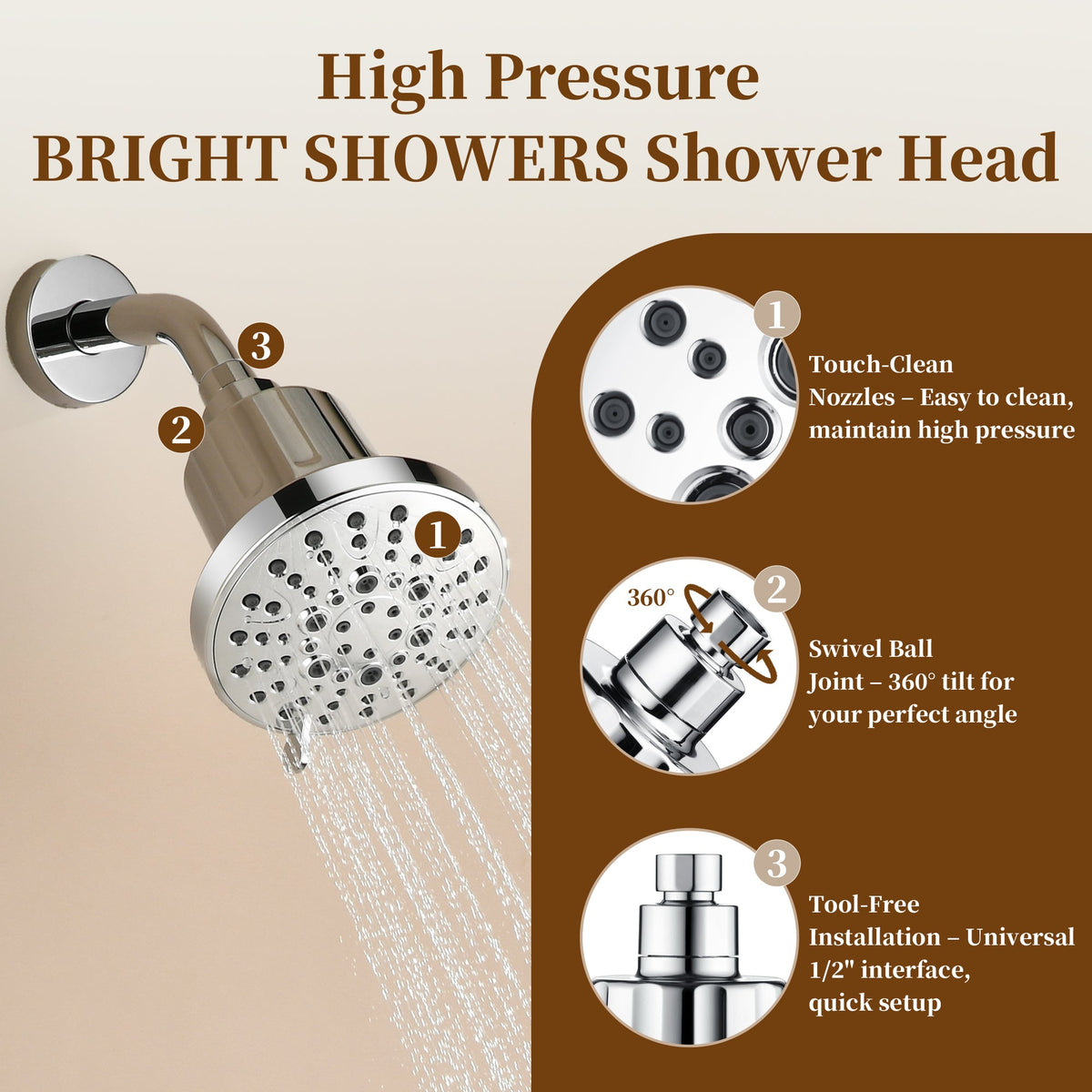 High Pressure Handheld Shower Head with 8 Spray Settings and 360° Adjustable Swivel Joint