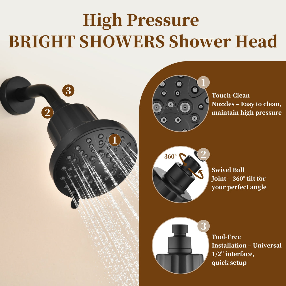 High Pressure Handheld Shower Head with 8 Spray Settings and 360° Adjustable Swivel Joint