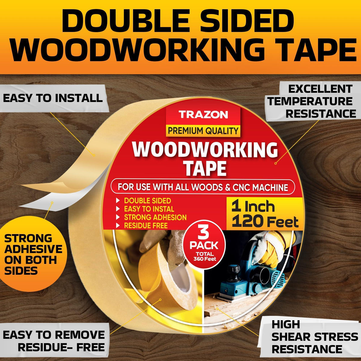Double Sided Woodworking Tape 3 Pack 1 Inch x 120 Ft Wood Crafter Sticky Tool Two Side Adhesive for Router Templates Removable & Residue Free
