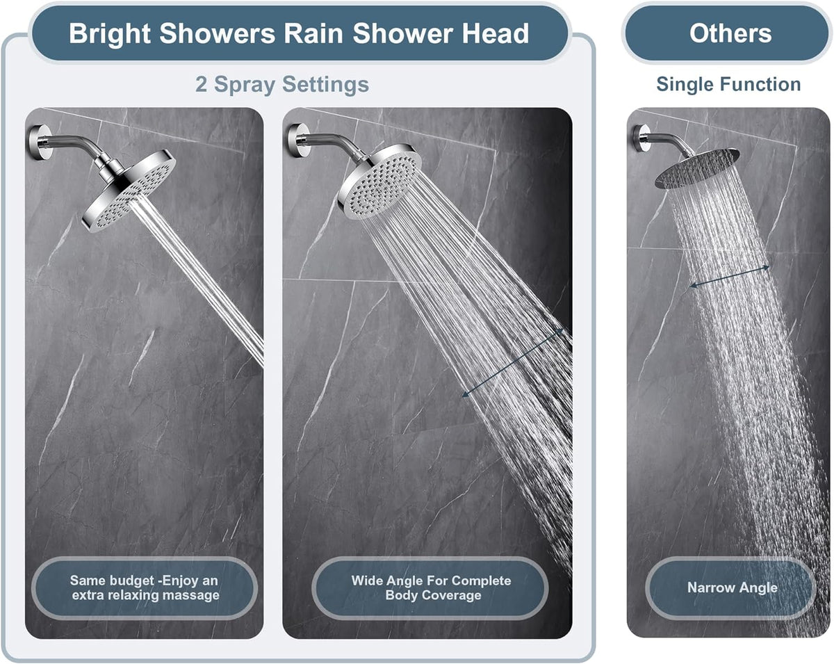 6 Inch Rainfall Shower Head with 2 Spray Settings, Adjustable Angle