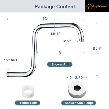 13-Inch S-Shaped Shower Arm Extension for Rainfall Shower Heads
