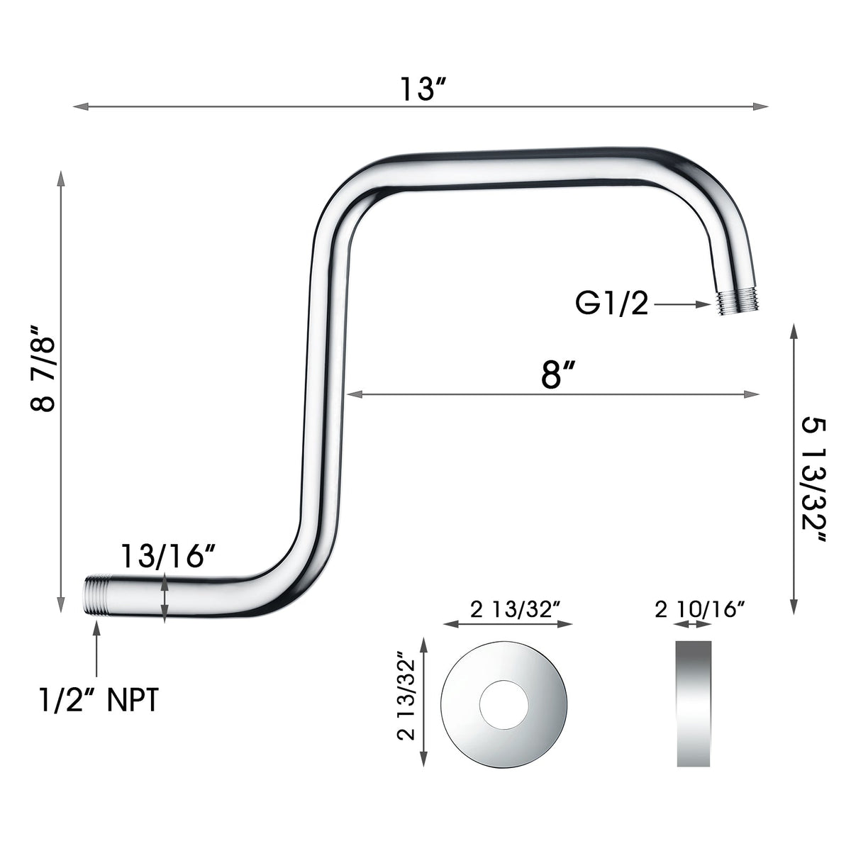 13-Inch S-Shaped Shower Arm Extension for Rainfall Shower Heads