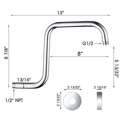 13-Inch S-Shaped Shower Arm Extension for Rainfall Shower Heads