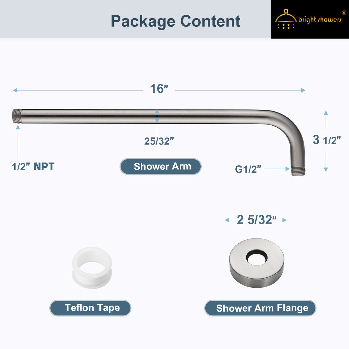16 Inch L-Shaped Stainless Steel Shower Arm Extension for Rainfall Shower Heads