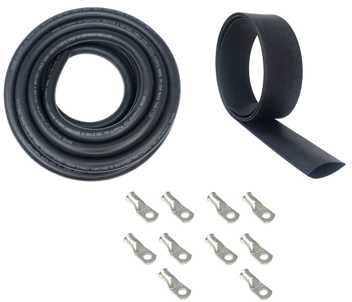 4/0 Gauge Welding Battery Cable Kit - Includes 10 pieces of 3/8" Tinned Copper Cable Lugs and 3 Feet Black Heat Shrink Tubing