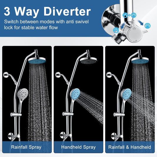 BRIGHT SHOWERS Rain Shower Head with Handheld Combo, Dual Shower System with Slide Bar, Rain Shower System, Adjustable Height, Brass Slide Bar & Diverter, 60 Inch Stainless Steel Hose
