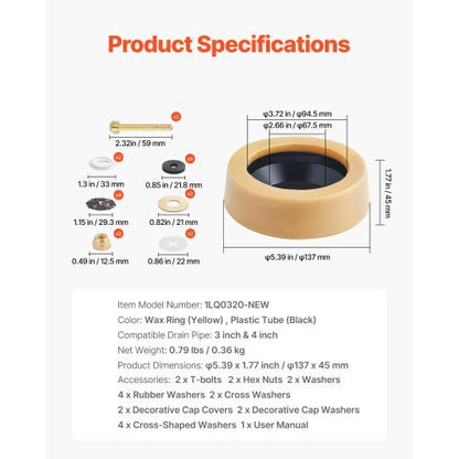 Toilet Wax Ring Kit, 1.6-Inch Extra Thick Wax Ring for Toilet Bowls with Rust-Resistant Brass Bolts, Caps and Washers, Fits 3-Inch or 4-Inch Drain Pipes, Superior Sealing Performance