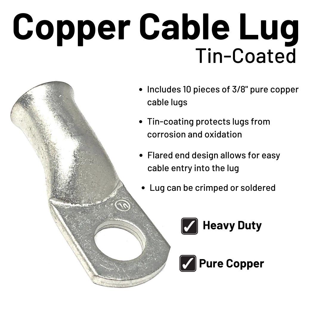 6 Gauge Welding Battery Cable Kit - Includes 10 pieces of 3/8" Tinned Copper Cable Lugs and 3 Feet Black Heat Shrink Tubing