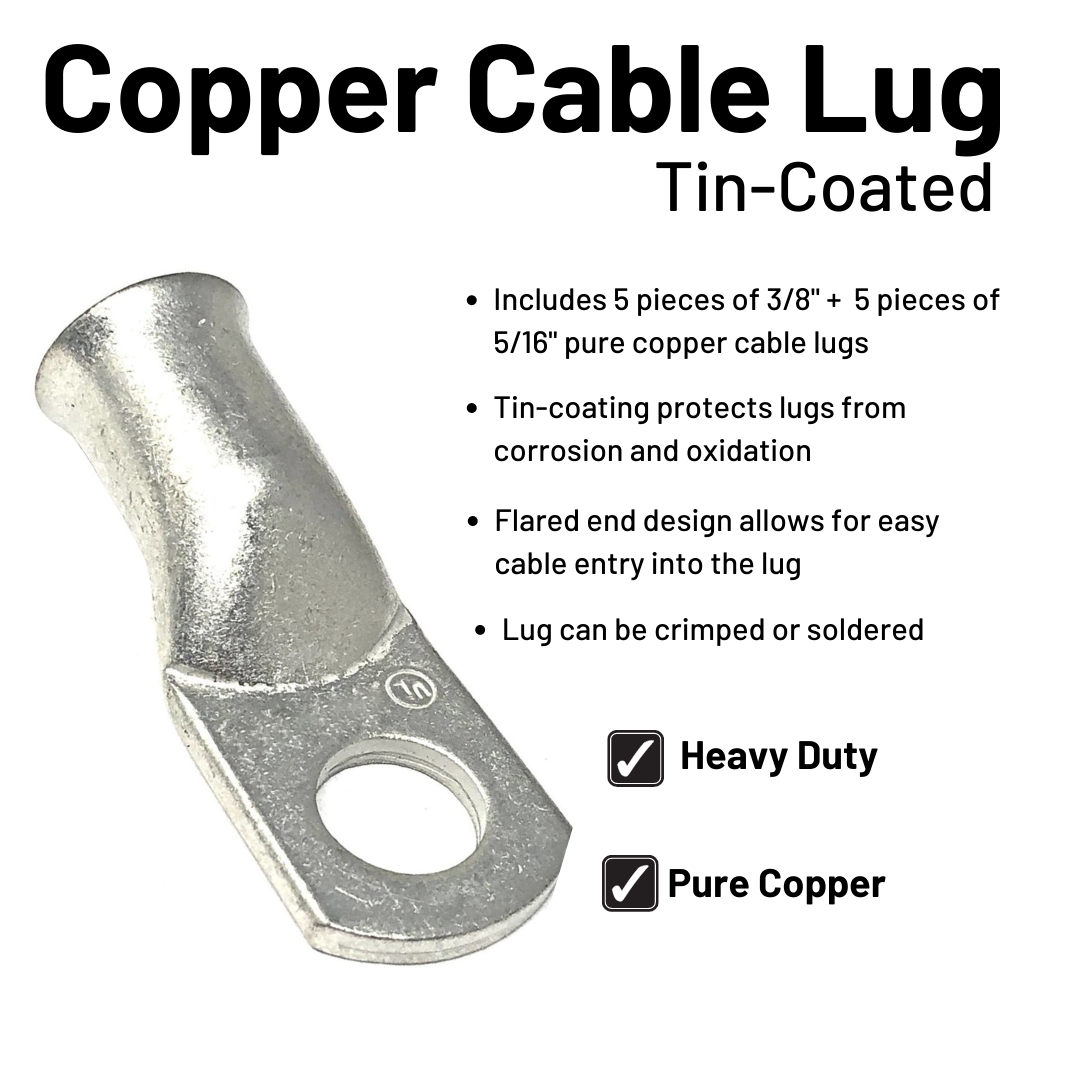 2/0 Gauge Welding Battery Cable Kit - Includes 5 pieces of 3/8" + 5 pieces of 5/16" Tinned Copper Cable Lugs and 3 feet Black Heat Shrink Tubing